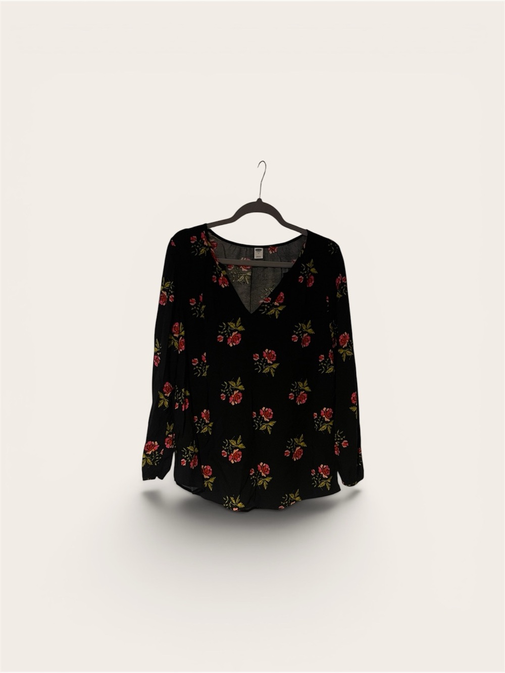 Old Navy Black V-Neck Blouse with Red Rose Print